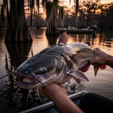 Angler holding large catfish at sunset over swamp water.