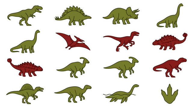 Clean Set of 15 Colorful and Stylized Dinosaur Illustrations in Green and Brown Tones with high quality professional line art symbols for modern creative design and digital branding projects