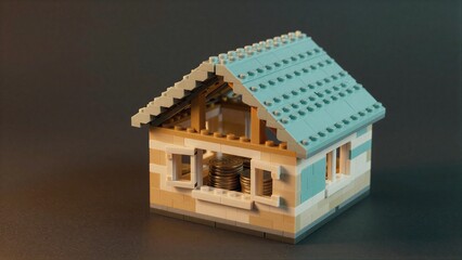 Fototapeta premium Lego house with coins inside, symbolizing savings or home ownership.