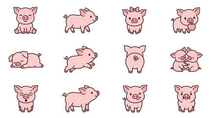 Clean Whimsical Cartoon Pink Piglets in Various Adorable Poses and Expressions with high quality professional line art symbols for modern creative design and digital branding projects © roti