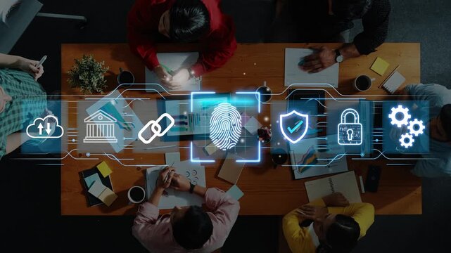 Group of Diverse Professionals Collaborating on Cybersecurity Strategy with Technology Icons Showcasing Digital Security and Data Protection Concepts. Entropy.