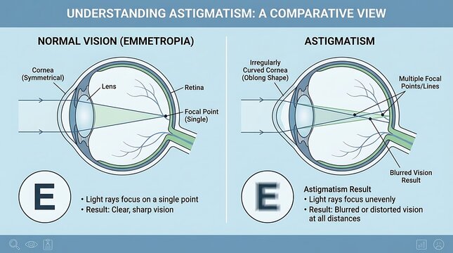 Educational diagram comparing normal eye vision and astigmatism with schematic representations of light refraction and visual perception tests showing clear and blurred letter recognition