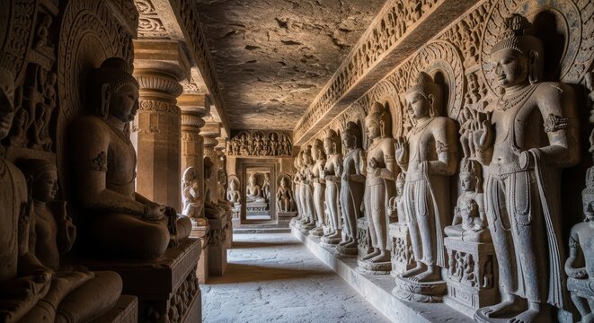 Ancient Temple Interior with Intricate Stone Carvings and Pillars.