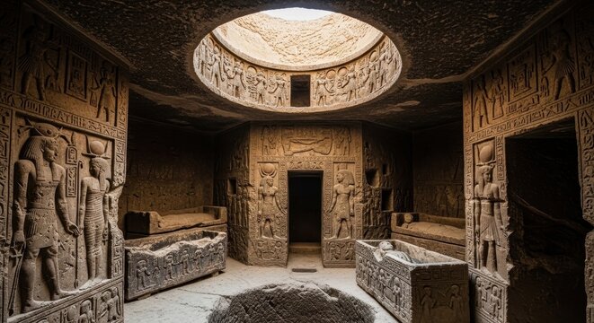 Ancient Temple Interior with Intricate Stone Carvings and Dome.