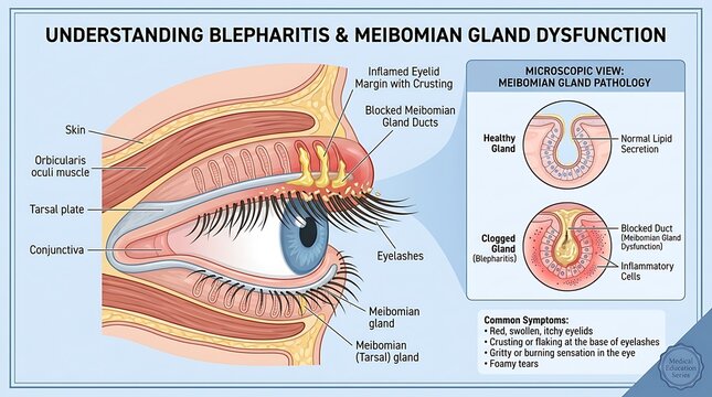 Detailed medical infographic illustrating blepharitis and meibomian gland dysfunction, showing eye anatomy cross section, microscopic gland pathology and common symptoms of eyelid inflammation.