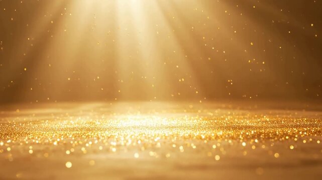 Golden glittering surface with radiant light beams and sparkling particles