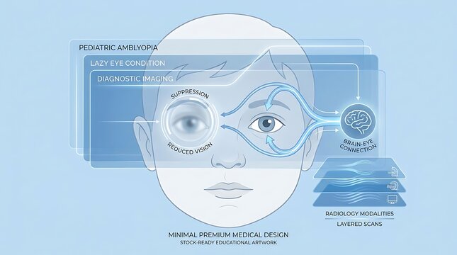 Conceptual medical illustration of pediatric amblyopia diagnostic imaging showing the brain-eye connection and neural suppression using a futuristic blue holographic interface design