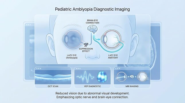 Advanced pediatric amblyopia diagnostic imaging interface featuring cross-sectional eye anatomy, brain connection mapping, and panels for OCT scan, VEP diagnostic, and MRI imaging