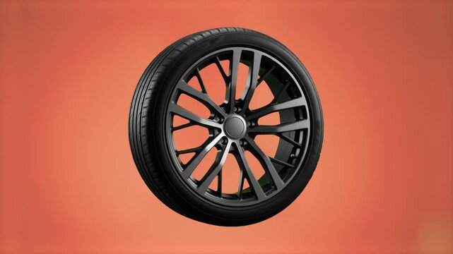 A modern black alloy car wheel with a low-profile rubber tire, isolated on a warm orange studio backdrop. Great for automotive service center ads, tire shop promos, vehicle tuning commercials, car par