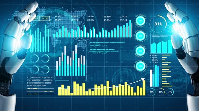 A pair of robotic hands interact with vibrant data visualizations, showcasing advanced technology and artificial intelligence in a modern digital environment filled with metrics and graphs. Entropy.