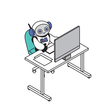 AIエージェントロボットがヘッドセットをつけコールセンター業務を行うイメージイラスト