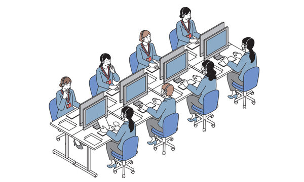 ヘッドセットをつけた女性オペレーターたちが並んで働くコールセンターのオフィス風景