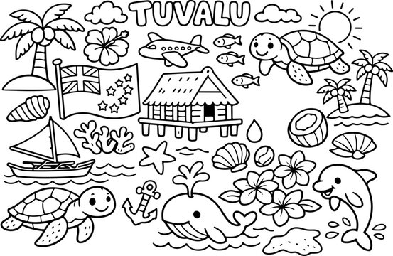 Tuvalu, monumentos, contorno de dibujos animados, ilustraci&oacute;n de arte lineal dibujada a mano, dibujo de garabatos, p&aacute;gina para colorear para ni&ntilde;os