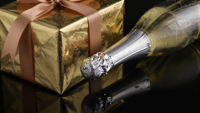 Golden gift box and champagne bottle, festive celebration scene with elegant reflections.