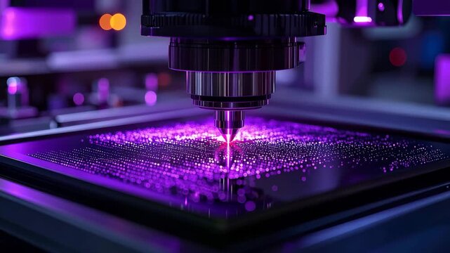 Precision Engraving with Laser: A close-up shot of a laser engraving machine precisely etching a pattern onto a surface, illuminated by vibrant purple light, showcasing advanced technology.