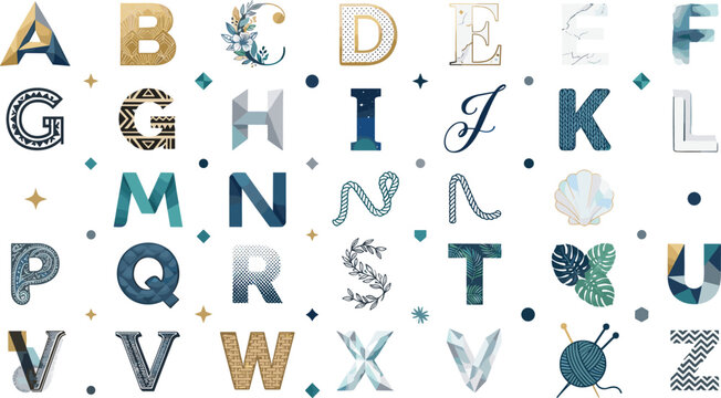 Eclectic alphabet typography font collection vector set with diverse textures featuring watercolor marble gold foil tribal patterns rope and floral illustrations