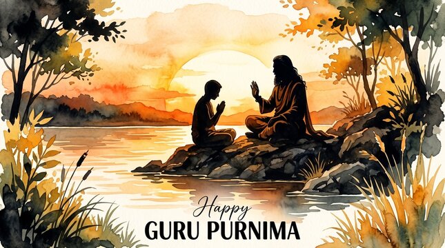 Watercolor illustration for guru purnima with a silhouette of guru with a disciple