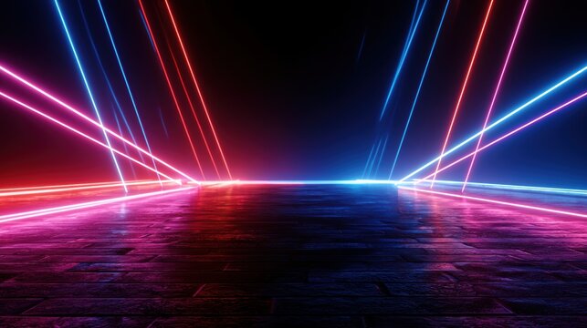 3d technology abstract neon light background, empty space scene, spotlight, dark night, virtual reality, cyber futuristic sci-fi background, street floor studio for mock up. colored geometric