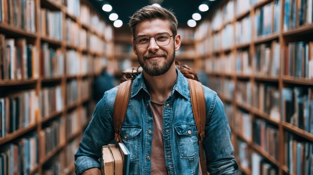 Handsome Smile student man with backpack and books in library, education, university, cheerful, college, happy, standing, school, backpack, attractive, enjoyment, confidence
