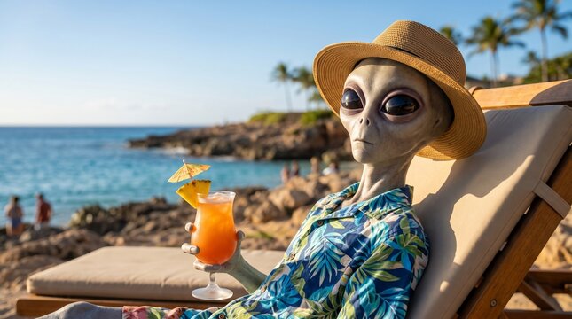 Extraterrestrial alien relaxing on tropical beach with cocktail and sun hat