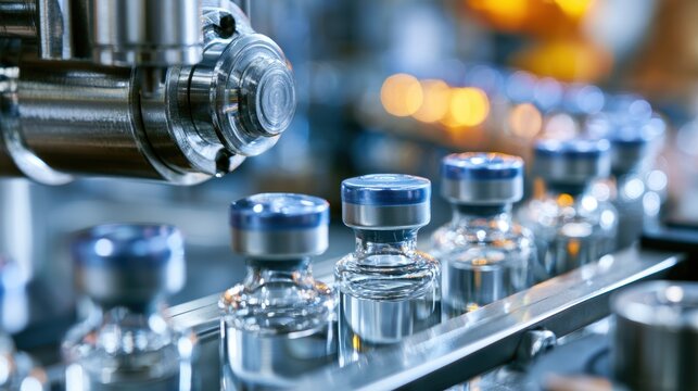 Medical vials on production line at pharmaceutical factory, Pharmaceutical machine working pharmaceutical glass bottles production line, health care, pandemic