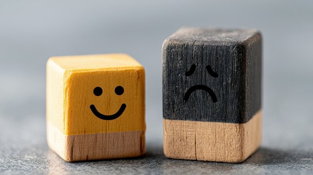 Mental health and emotional state, Smile face in bright side and sad face in dark side on wooden block cube for positive mindset selection, expression, mask, bipolar, generate by AI