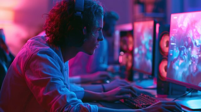 pro gamer man in headphones live streaming while playing online computer game, neon lights, esports,  gaming, monitor, play, young, player, internet, enjoyment, cyber,