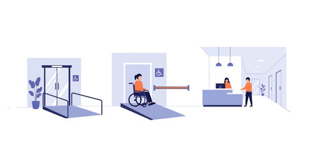 Obraz premium Accessible building design: wheelchair ramp, automatic doors, reception area