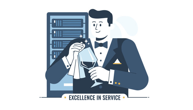 Professional waiter in a tuxedo meticulously polishes a wine glass under the slogan excellence in service.