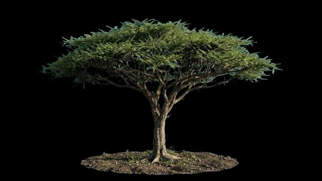 A 3D render of a mature tree featuring a broad, flat top, umbrella-shaped canopy of green foliage and a wide, branched trunk, isolated on a solid black background. Ideal for creating specific African 