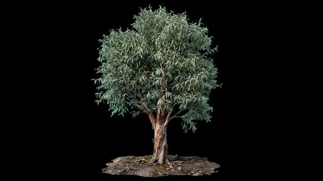 A high-quality 3D render of a mature deciduous tree with a dense, rounded green crown and a textured reddish-brown trunk, isolated against a solid black background. Suitable for architectural visualiz