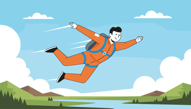 Adventurous skydiver in an orange suit glides gracefully through the sky over a beautiful mountain and river valley.