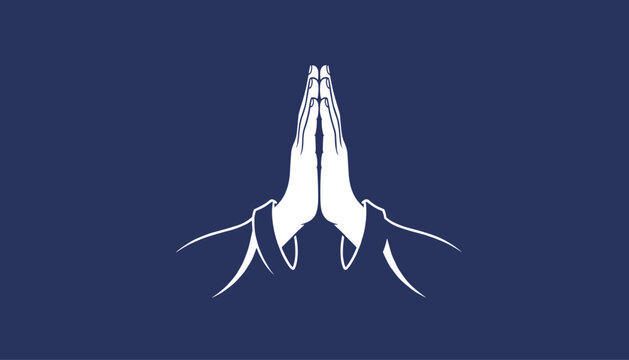 Praying hands illustration in white color against a dark blue background representing spirituality, hope, faith, and devotion.