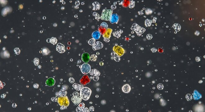 Abstract Macro View of Colorful Bubbles and Diamonds Floating in Dark Space.
