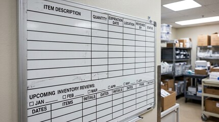 Obraz premium Supply Room Expiration Date Tracking Board for Medical Inventory Review - Hospital Stock Photo