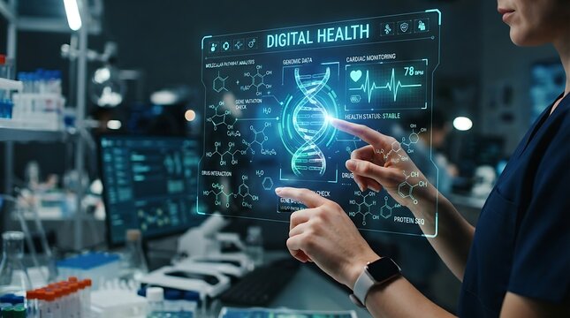 Digital health interface with DNA and heartbeat icons representing biotech innovation and medical technology data solutions.