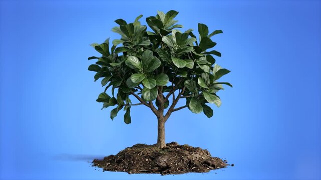 A healthy green leafy potted tree growing out of a patch of soil, isolated on a bright blue studio backdrop. Perfect for eco-friendly promos, environmental conservation campaigns, sustainable growth g