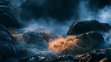 Fototapeta premium Sun-bleached fishing net snagged on a lava boulder in volcanic steam
