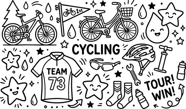 Ciclismo, ilustraci&oacute;n de dibujos animados a mano alzada, arte lineal, dibujo para colorear para ni&ntilde;os
