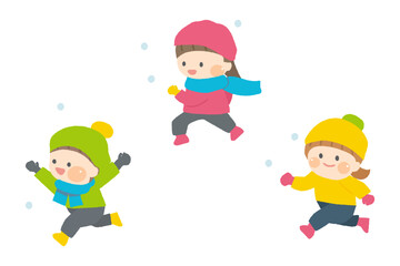 Fototapeta premium 雪の日に走る子供たちのイラスト 