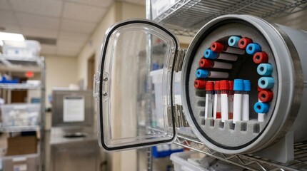 Fototapeta premium Pneumatic Tube Carrier Open Door with Specimen Compartment - Hospital Automation Stock Photo