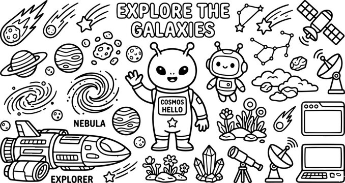 explorar las galaxias esquema de dibujos animados dibujado a mano ilustraci&oacute;n de arte lineal p&aacute;gina para colorear de arte de doodle para ni&ntilde;os