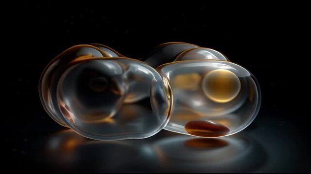 Luminous golden orbs encased in fluid translucent organic shells