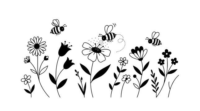 Cute Bees Flying Among Wildflowers, Doodle Art Style, Black and White Illustration