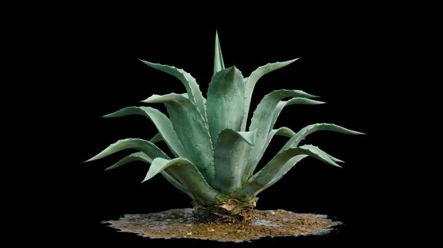 A realistic 3D model of a spiky green agave succulent plant growing in soil, isolated on a stark black background. Ideal for desert landscape, botany, exotic flora, gardening, tequila production, and 