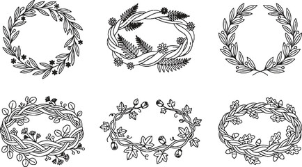 Fototapeta premium Collection of hand-drawn botanical wreaths and frames featuring elegant leaf and branch designs perfect for wedding invitations logos and decorative elements