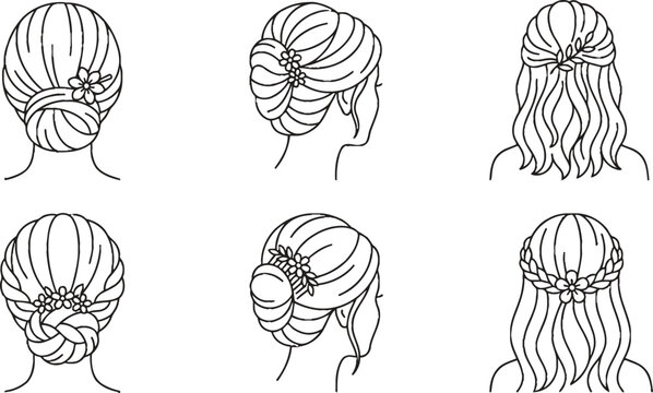 Set of elegant womens hairstyles featuring various updos and braided looks with decorative elements ideal for bridal beauty and fashion concepts