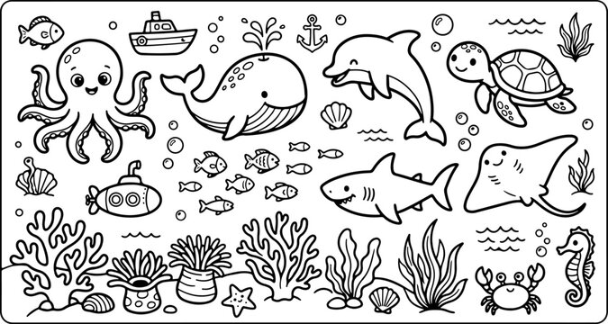 Vida marina, escena de dibujos animados, contorno dibujado a mano, ilustraci&oacute;n de arte lineal, dibujo a mano, p&aacute;gina para colorear para ni&ntilde;os