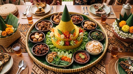 Fototapeta premium Traditional Indonesian Tumpeng Rice Feast with Assorted Side Dishes