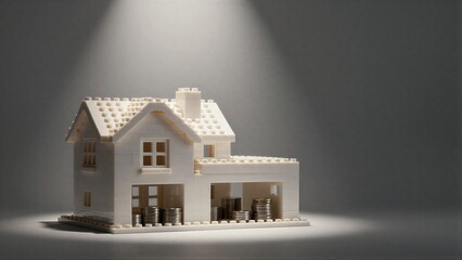 Fototapeta premium Lego house with coins inside, symbolizing home and savings under spotlight.